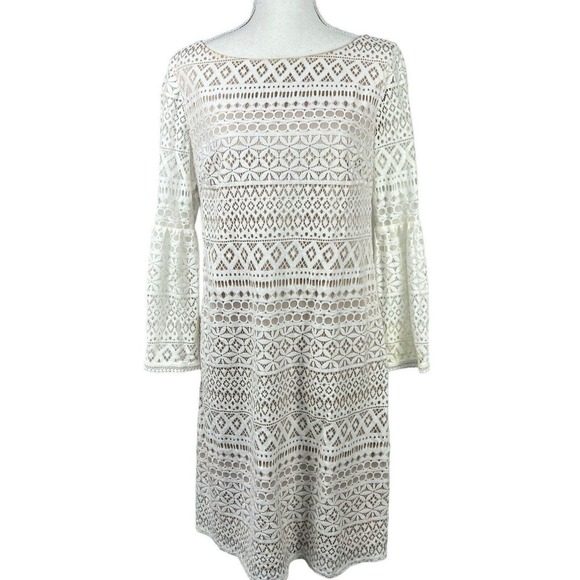 Eliza J Ivory Cream Lace Overlay Sheath Dress Size 8 Bell Sleeves - Picture 1 of 14